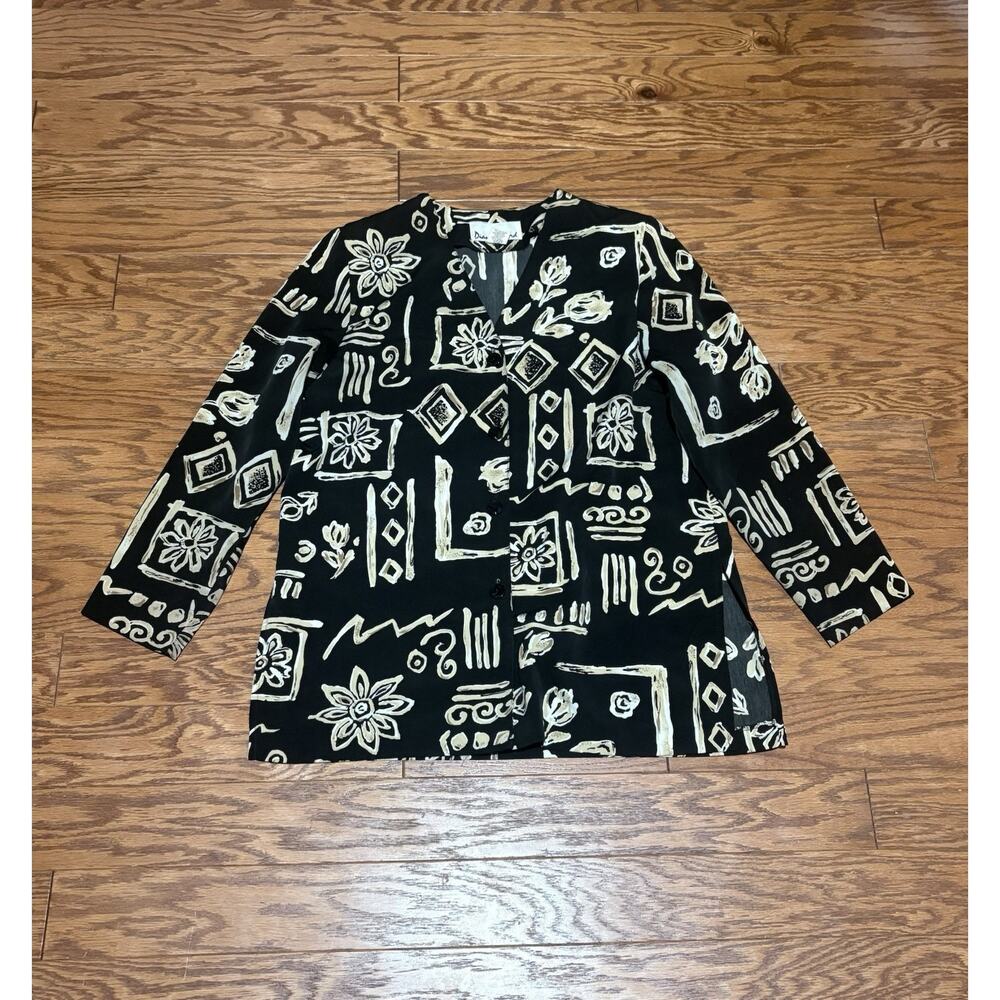 Diane Richard Women’s Black Geometric Long Sleeve Button Up Blouse Top, Size M
